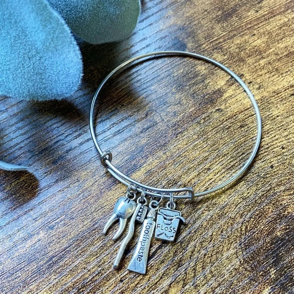 Dentist Hygienist Gift Charm Bracelet Adjustable Bangle Tooth Floss Jewelry - Picture 5 of 6